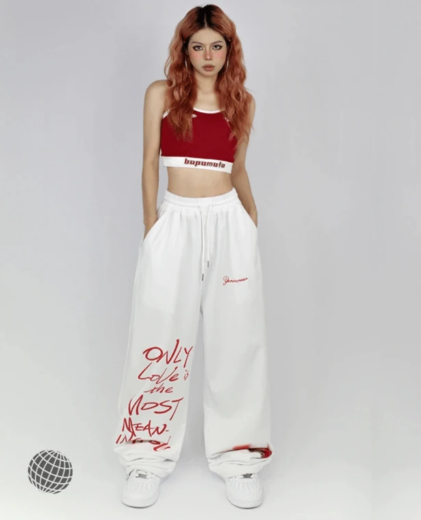 Wide Leg Sweatpants white  Women’s Y2K Streetwear Letter Print Joggers Harajuku Hip Hop Oversized Casual Cargo Pants Womens Plus size Baggy Trousers for trending Woman with Red lettering
