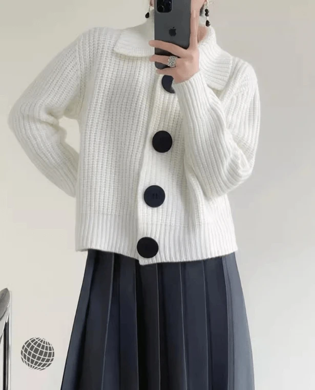 Rib Knit Cardigan white Women Big Button Ribbed Knitted Sweaters Coats Korean Turn-Down Collar Chic Knitwear Casual womens workwear Jumpers Jacket Tops Cardigans for trending Woman