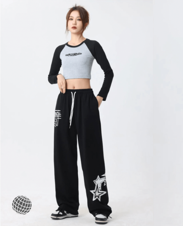 Baggy Wide-Leg Sweatpants   Women’s Y2K Oversized Print Wide Leg Pants Plus size Joggers Elastic High Rise Waist Stars womens Casual Sportswear Fitness Trousers Streetwear for trending Woman in Black