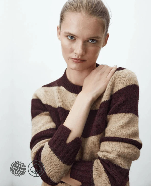 Soft Crewneck Stripe Sweater  Women’s autumn petite size ribbed band striped Womens casual top cotton-blended knitwear with wide stripes round o-neck Sweaters for trending woman in burgungy tan
