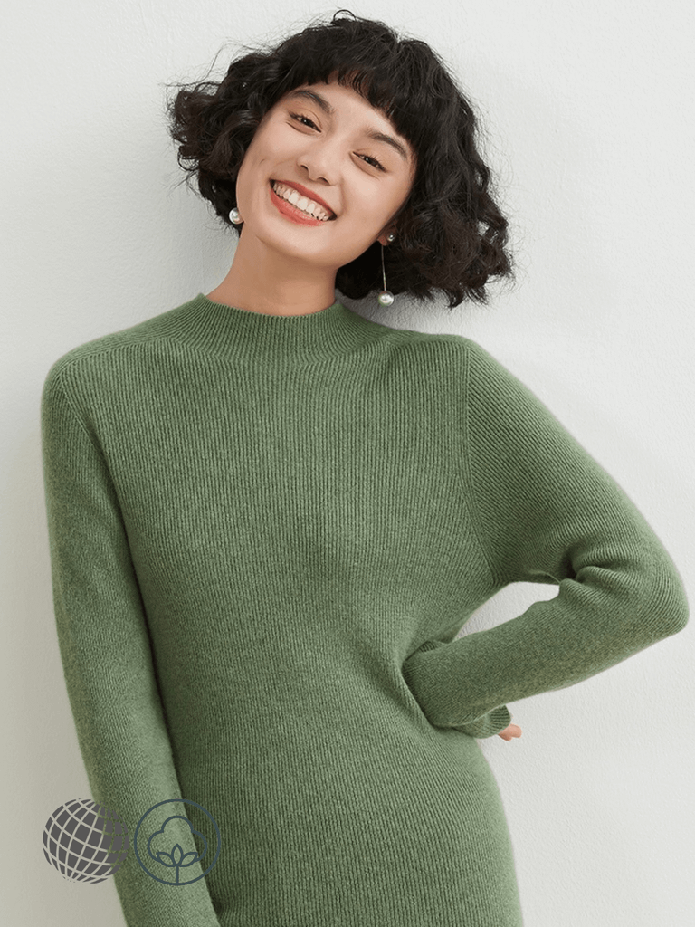 Mockneck Cashmere Rib Sweater Women’s Autumn and Winter 100%-Cashmere Semi-High Neck Seamless plus size womens Female Slim Pullover Long Sleeve Warm Cashmere-Knit Ribbed Turtleneck Sweaters Workwear Tops for Woman in trending olive green