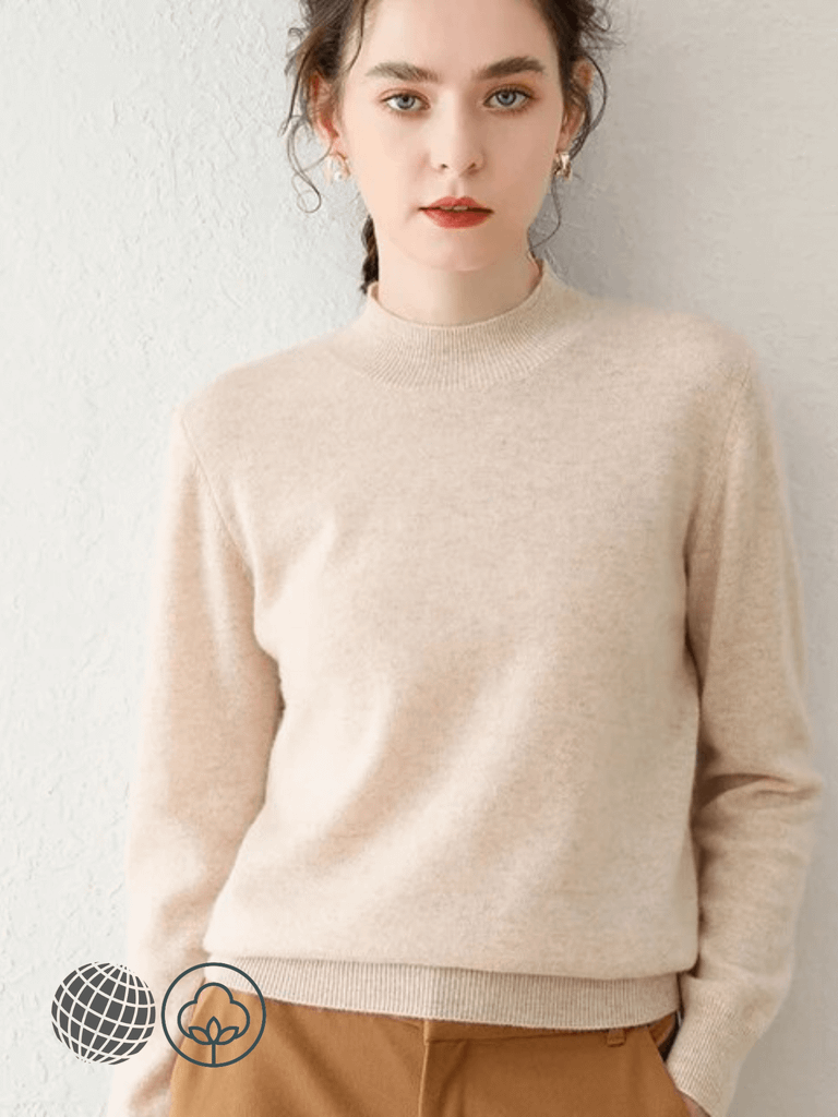 Mockneck Cashmere Sweater rice    Autumn And Winter Women's Ruched Workwear Semi-High-Necked 100% Thin-Cashmere Sweater Slim Long-Sleeved womens Plus size Pullover Knitting Sweaters for trending Woman in Rice-cream color
