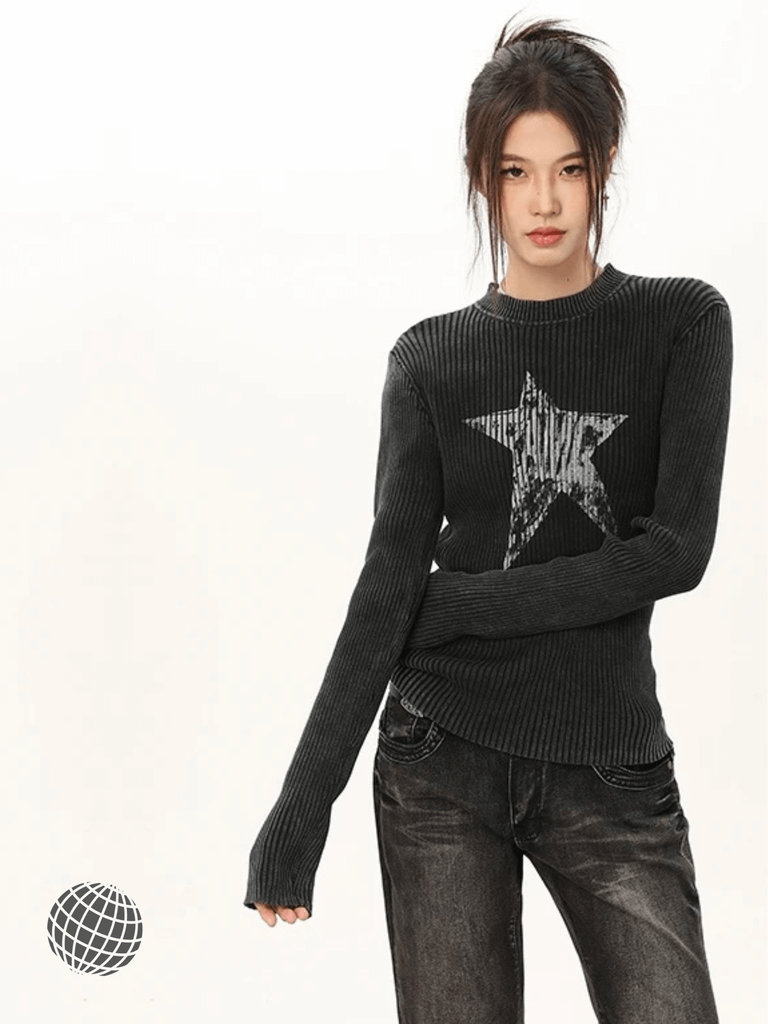 Crewneck Graphic Sweater  Women’s Gothic Black Star Womens Grunge Autumn Y2k Vintage Round O-neck Ribbed Knitted Pullovers Goth Short Jumpers Kpop Korean Fashion Plus size Sweaters for trending Woman