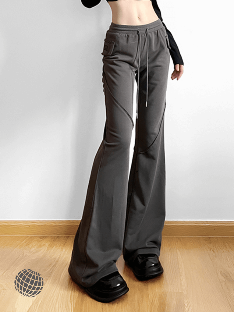 Low Rise Flared Pants Women’s Jogging y2k Vintage Bandage Loose fit Rockmore Letter Embroidery Grey womens Sweatpants Korean Fashion Trousers Autumn Streetwear for trending Woman in Gray