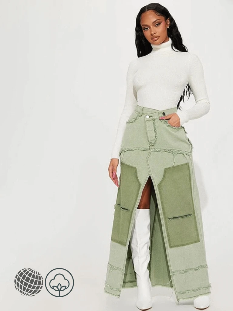 Contrast Split Denim Skirt  Women’s Y2k Cowgirl Cowboy Chic Patchwork Loose Low Rise Long womens Skirts Women Fashion Street Style Clothing Grunge 90s for trending Woman in Green