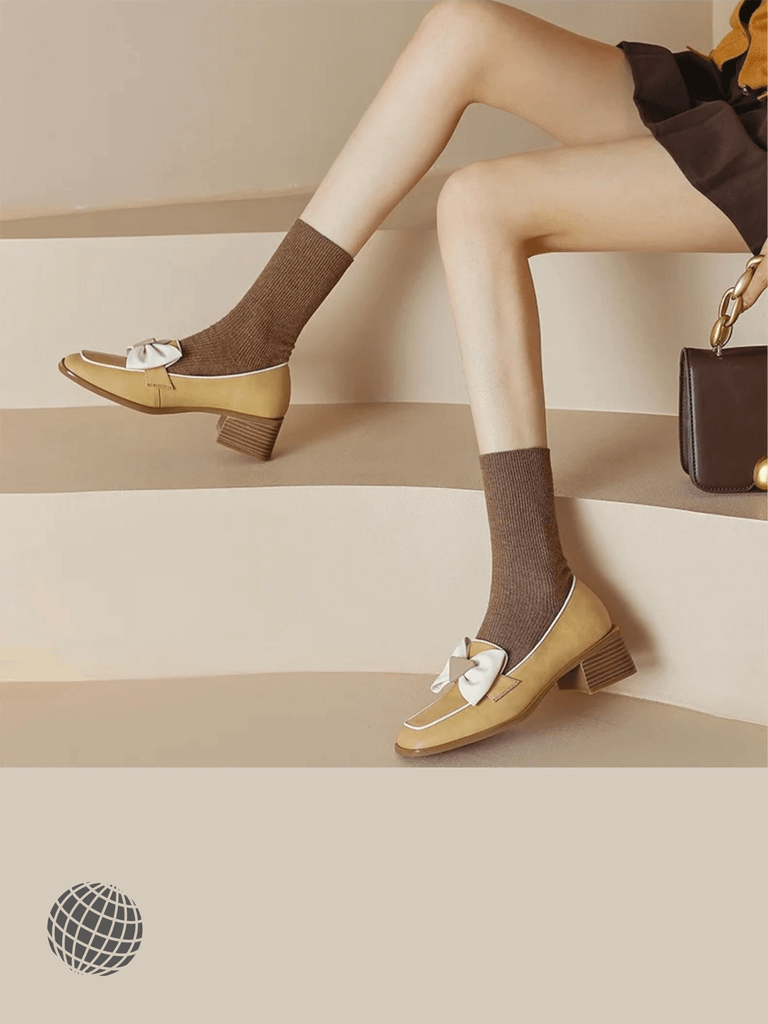 Natural Leather Pumps   Women’s Spring 22-24.5cm length cowhide + pigskin full genuine-leather square toe butterfly knot bow-tie womens loafers footwear Workwear Shoes for woman in trending mustard-yellow apricot