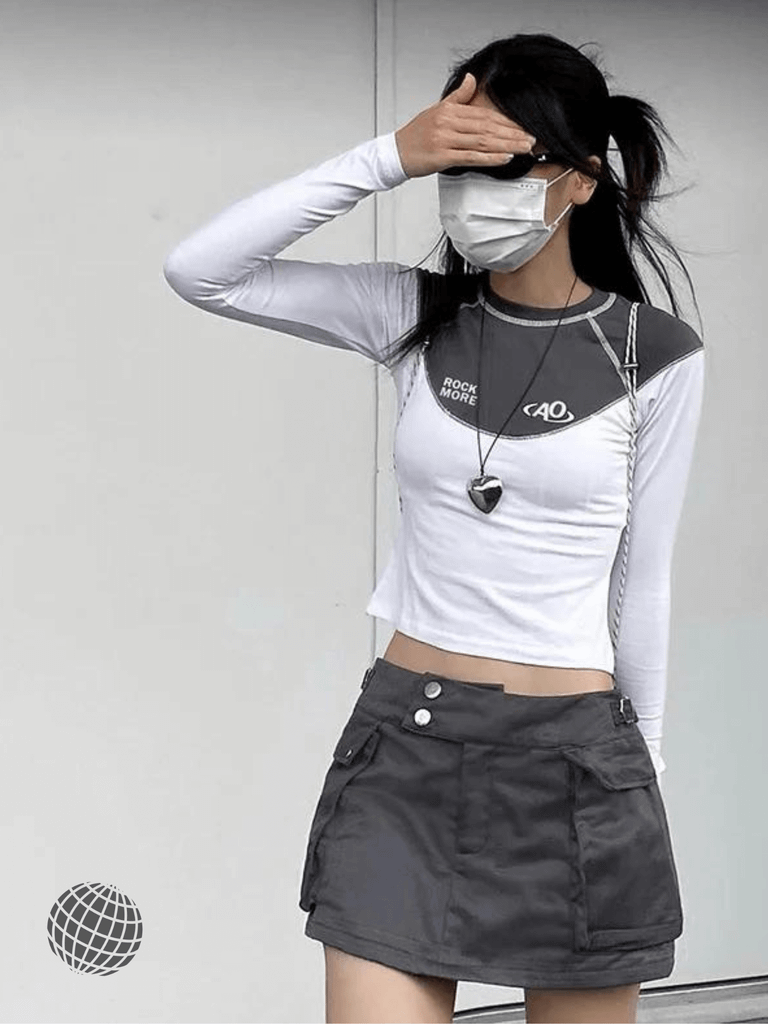 MiteigiYūki Stitched Sports T-Shirt  Women’s ROCKMORE AO Streetwear Skinny Slim fit Crewneck round o-neck White Long Sleeve Knitted Crop Tops womens Korean Fashion Tees for Women y2k Aesthetic Sportswear Fitness Tees Cropped T-Shirts for trending Woman in with Gray grey patchwork trim