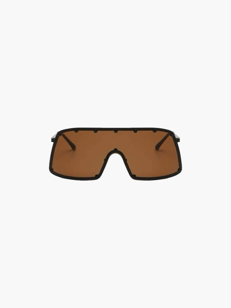 Oversized Shield Sunglasses  Genderful Anywear Unisex Womens Men’s Vintage One Piece Fashion Unique Full Rivet Sexy Womens Mens Sun Glasses Windproof Eyewear for Man Woman in trendy black and Tea brown