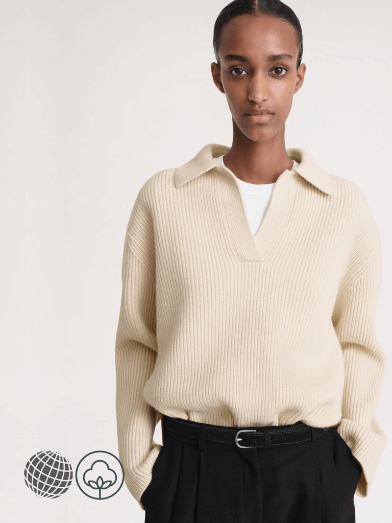 Ribbed Polo Knit Shirt   Women’s Nordic Sweater Niche Autumn Winter Spring Rib Turn-down point Collar Lazy and Slim Knit Sweaters womens petite size band hem workwear Shirts for trending woman in beige cream Norway Scandinavia Scandinavian Norwegian fashion