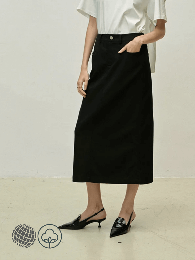 High-Rise Cowgirl Midi Skirt black   Women's Spring Summer Casual Versatile workwear Cowboy High Rise Waist A-line Mid Length womens Skirts for trending Woman