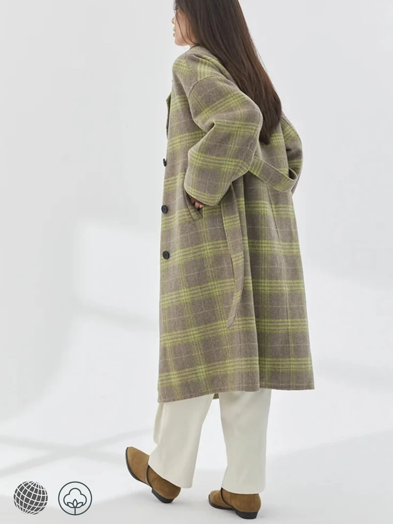 Les Hébrides Reversible Wool Coat     Women's Fresh Plaid Loose Tie womens Bathrobe Section, woolen Tweed Jacket, Suit Collar, Minimalist Winter Coats Outerwear for trending woman in green with belt, Bl * Mi
