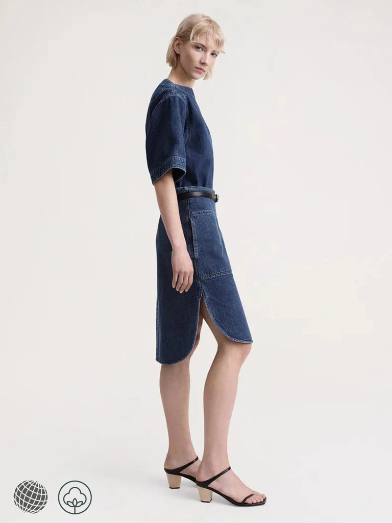 Denim Skirt    Women’s Dark Blue Cotton Curved Hem High Waist Versatile petite size side slit womens Half Skirts for trending Woman