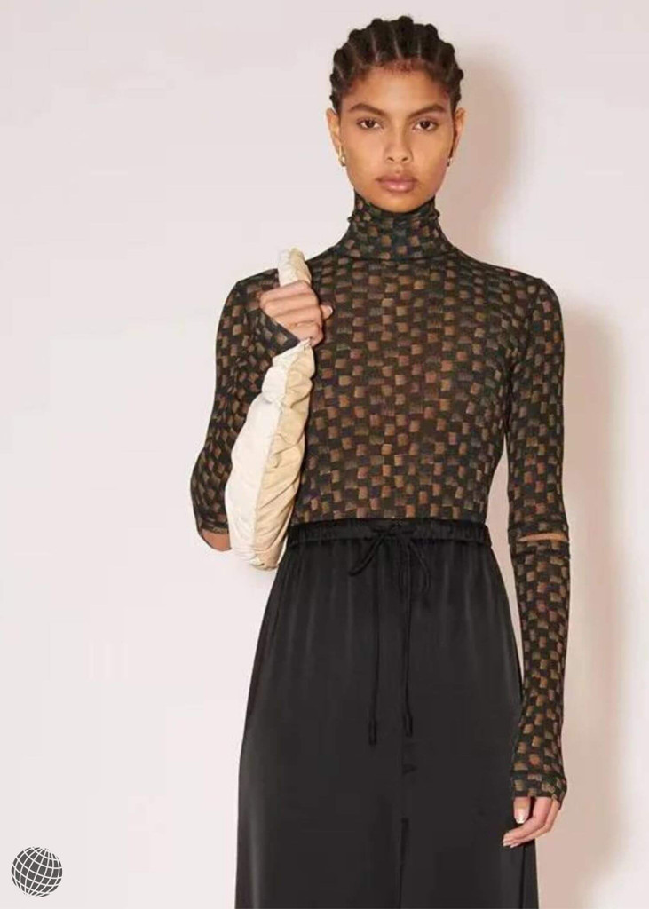 Mockneck Top   Women's Spring Summer Printed Blouses High-necked Slim Retro Open Arm Design Overlay womens Long Sleeves Hollow-out Tops for indie Woman in trending dark brown Hungarian Minority N@nushka fashion