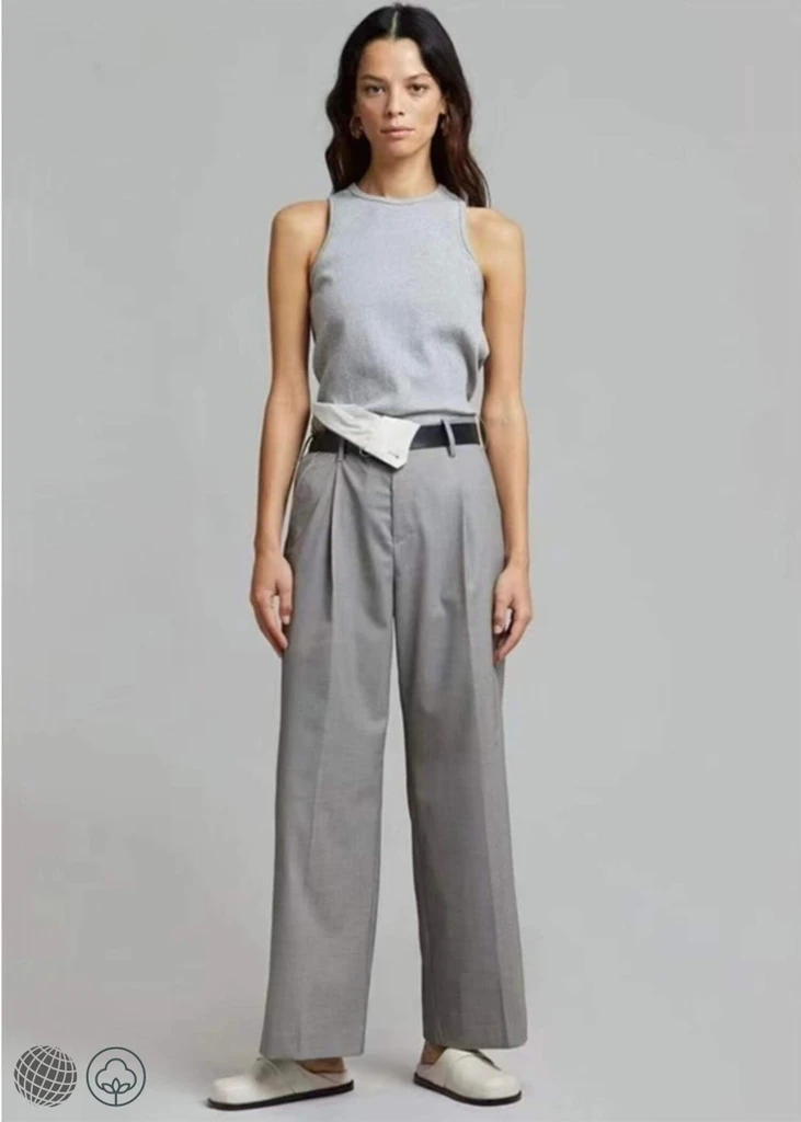 Mid Rise Pants Women’s mid rise waist details hot sewing fold asymmetric button zipper closure wide leg womens Trousers for trending Woman in Gray grey Fall Autumn Winter Spring fashion season
