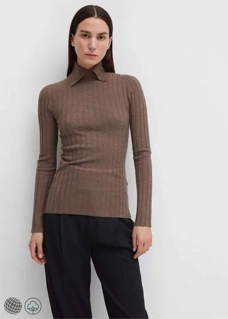 Silk Cashmere Rib Top auburn Women’s Spring Base ribbed Blouse Shirts Full Sleeves Wool Turn-Down Collar Slim Elastic Casual commuter workwear petite size womens Tops woolen Blouses for trending woman in brown