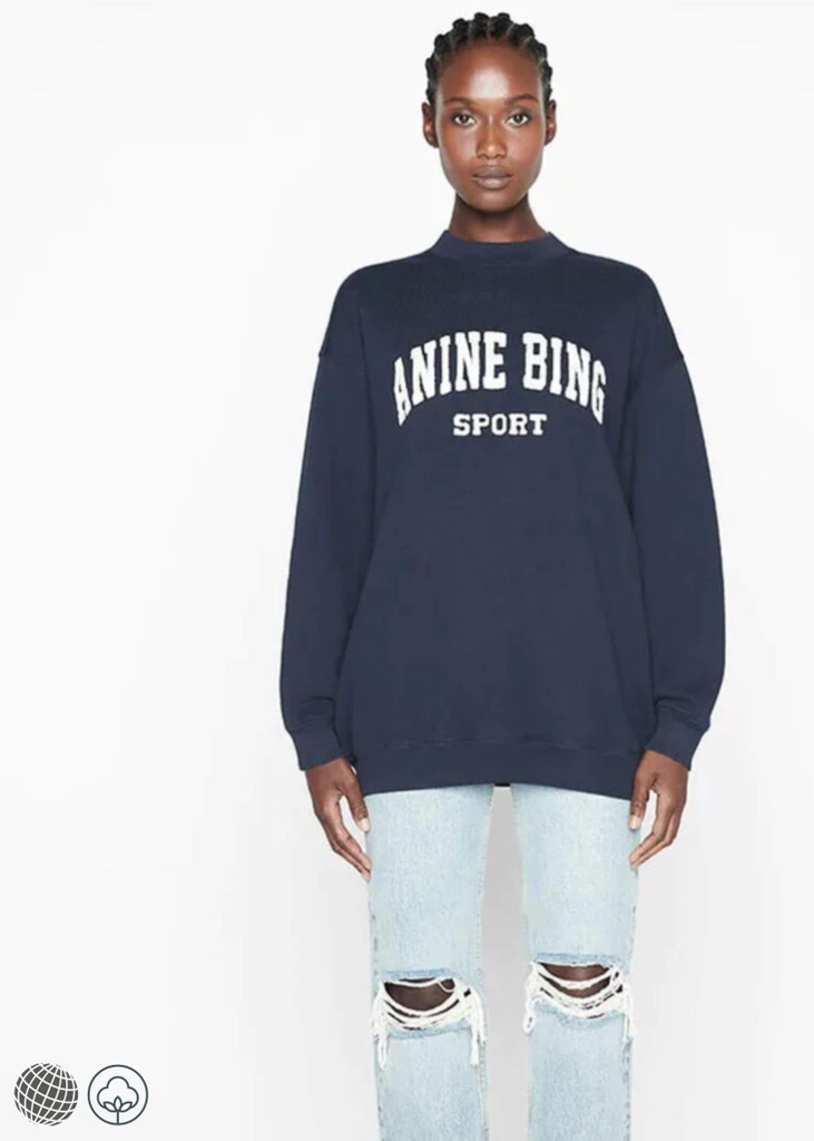 Oversized Sweatshirt blue  Women's Classic ANNIE BING SPORT Letter Hand Embroidery Inside Fleece Loose Round Neck Sweatshirts for Woman Fitness Sports Spring Summer Fall Autumn women’s o-neck crewneck petite size trending fashion season sportswear