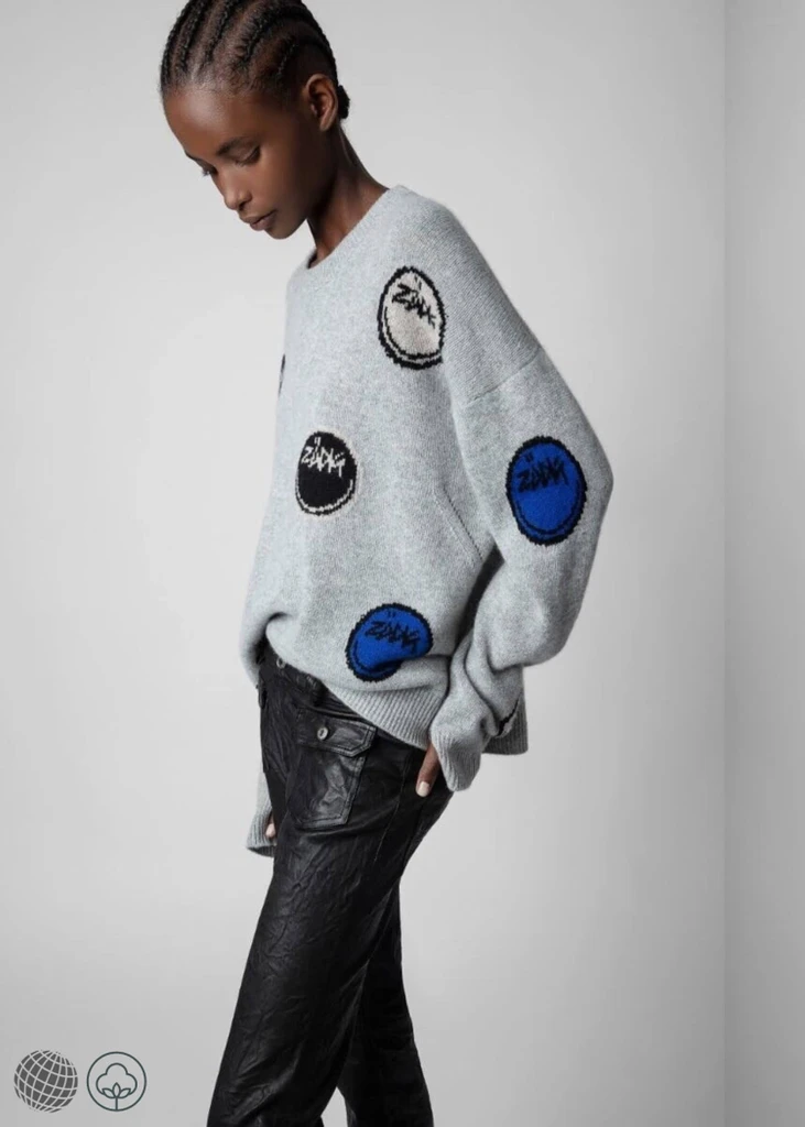 Happy Sweater gray   miteigi Women's Niche Covered Jacquard Loose Cashmere Crewneck long sleeves ribbed hem round o-neck oversized Sweaters for woman in light grey Early Fall Autumn Spring Summer womens trending fashion season smiley face Zadig & Voltaire Marcus