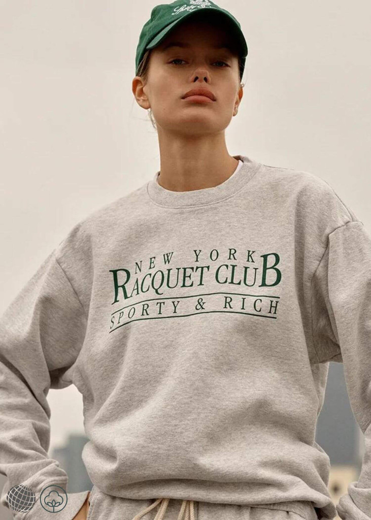 Oversized Sweatshirt    miteigi Women’s NEW YORK RAQUET CLUB SPORTY & RICH California West Coast Print cotton Pullovers Fashion Simple Long Sleeves Oversize Vintage Clothing Creative All-math Activewear fitness sports Sweatshirts for Woman in Gray trending Womens light grey sportswear
