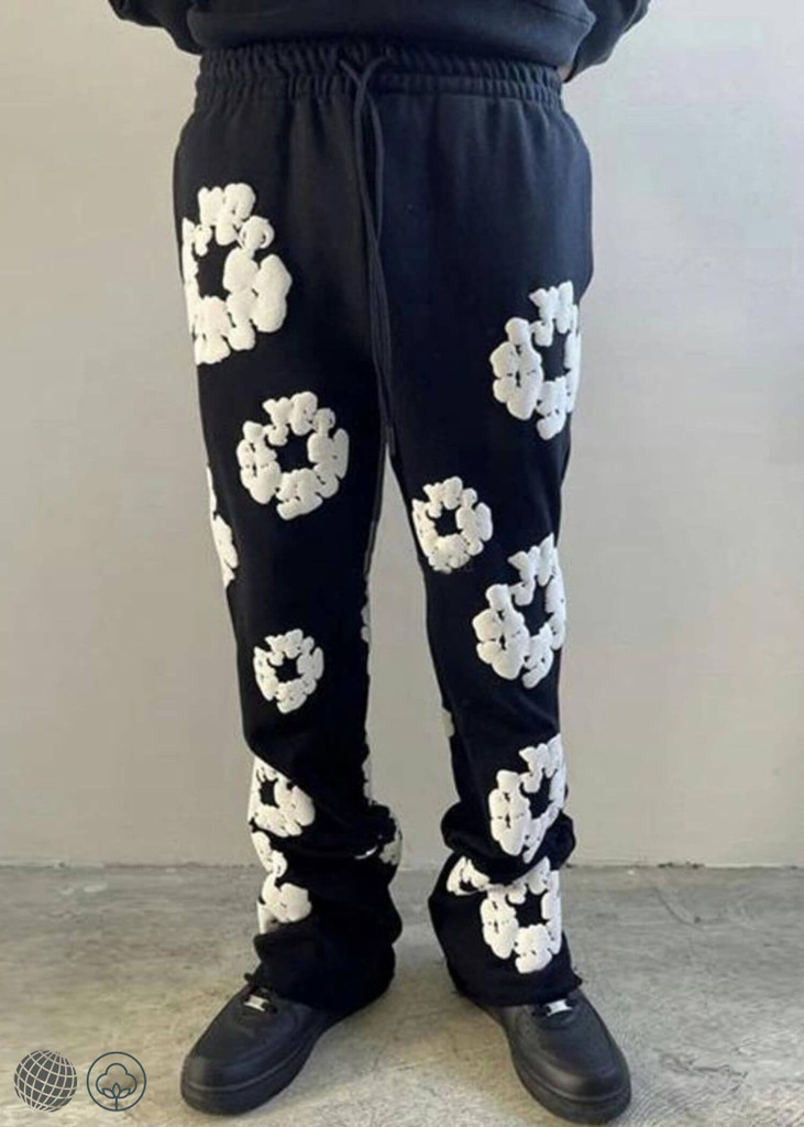 3D Flare Sweatpants   miteigi Men’s Mid rise waist Flower Three-dimensional Foam floral Printing Harajuku Wide Joggers Y2k Black Flared Pants for Man Trending Mens Streetwear