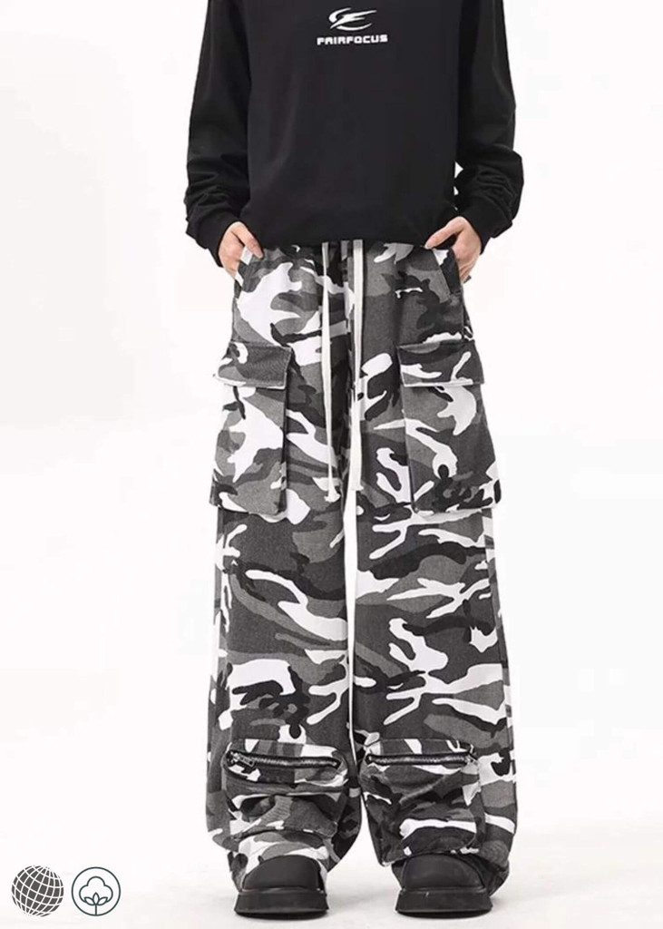Snow Camo Cargo Pants miteigi Men’s Swag American Retro Hip Hop High Street Baggy Slender Waist Patchwork Camouflage Wide leg mid rise waist tall plus size mens trousers in black and white for trending man
