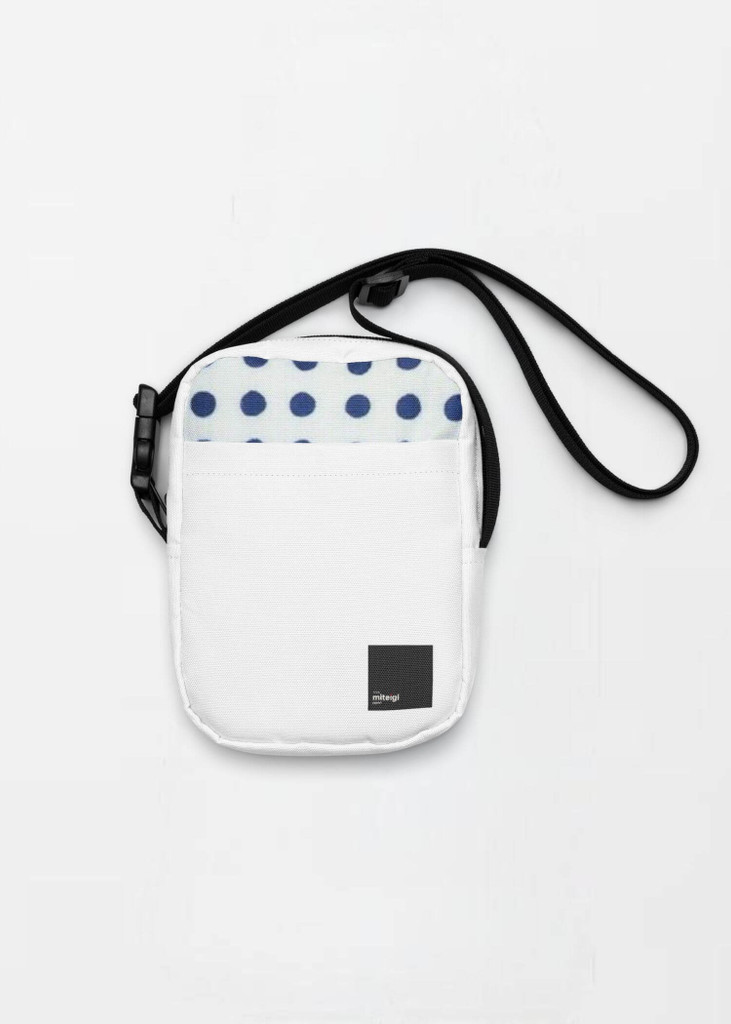 Mameshibori Utility Crossbody Bag miteigi Logo   Unisex Men’s Women’s miteigi-logo everyday use Japanese shoulder bags Luggage for man woman in white with black design and Mameshibori pattern highlights womens mens accessory