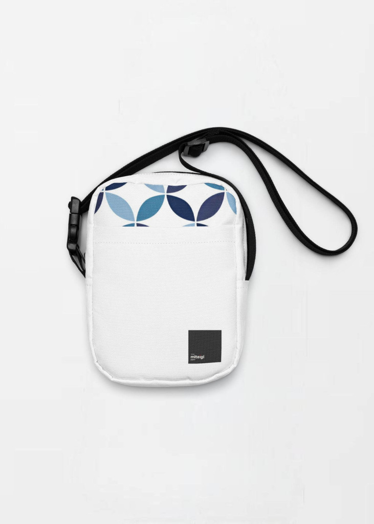 Utility Crossbody Bag miteigi Logo indigo   Unisex Men’s Women’s everyday use Japanese shoulder bags Luggage for man woman in white with black design and indigo blue circles pattern highlights womens mens accessory