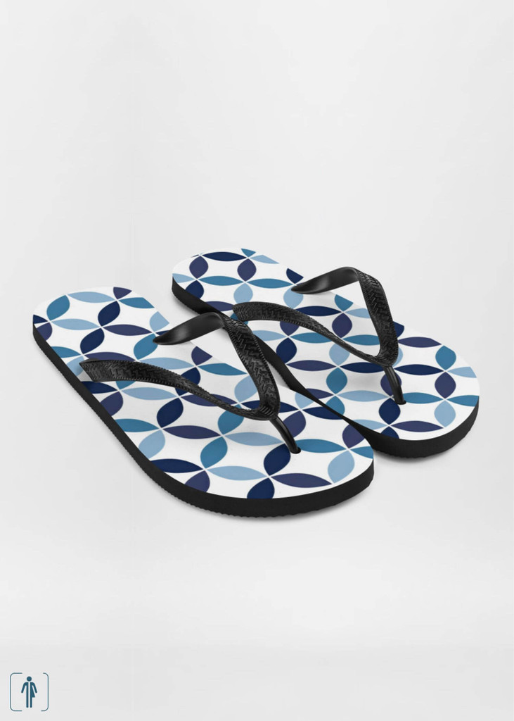 miteigi Supanova Circles Flip Flops Unisex anywear  Men’s Women’s miteigi designed vacation slippers for Man Woman in indigo blue patchwork circle pattern Holiday getaway mens womens flip-flops trending footwear