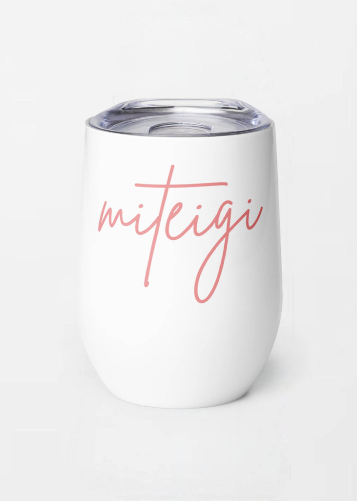 miteigi Tumbler Script Logo blossom pink miteigi-logo design stainless steel wine, milk drinks tumblers with lid Outdoor sports fitness drinkware in white with pink pattern