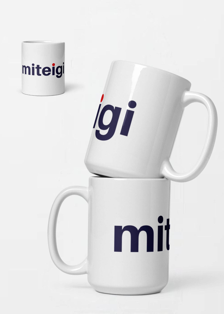 miteigi Logo Mug blue miteigi-logo design ceramic glaze coffee tea, milk drinks mugs drinkware cups in white with blue red pattern 11oz 15oz