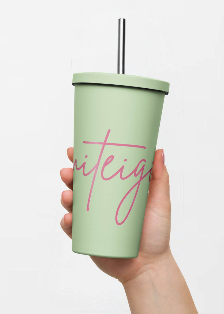 Insulated Tumbler with Straw miteigi Script Logo green   miteigi-logo design stainless steel wine, milk water drinks tumblers with lid and straw Outdoor sports fitness drinkware with pink pattern