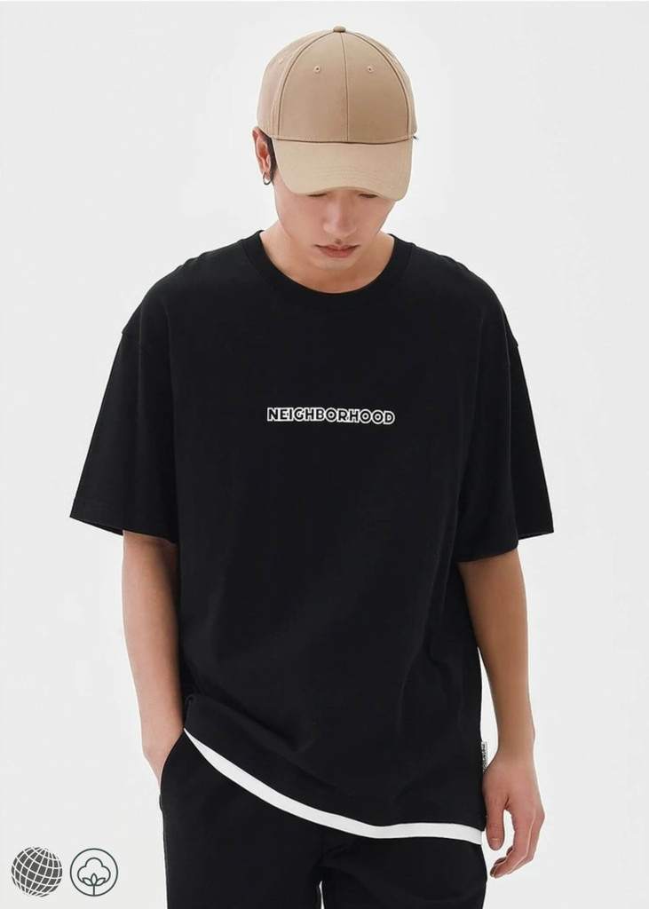 Letter Print Crewneck T-Shirt black   Men's Short Sleeves TShirt Summer Pure Cotton round o-neck Casual NEIGHBORHOOD Tees mens crew neck Tops petite-, tall-, plus-, size T-Shirts for man Metersbonwe