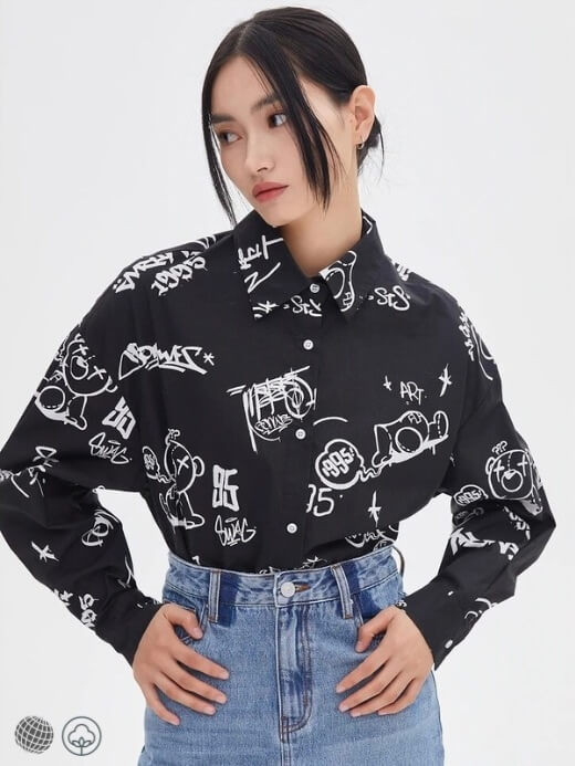 Graphic Shirt black   Women’s Casual Blouse Summer Long-Sleeves turn-down collar Shirts Loose Blouses Tops Shirts for woman Comfortable Metersbonwe womens Fashion Trend Brand