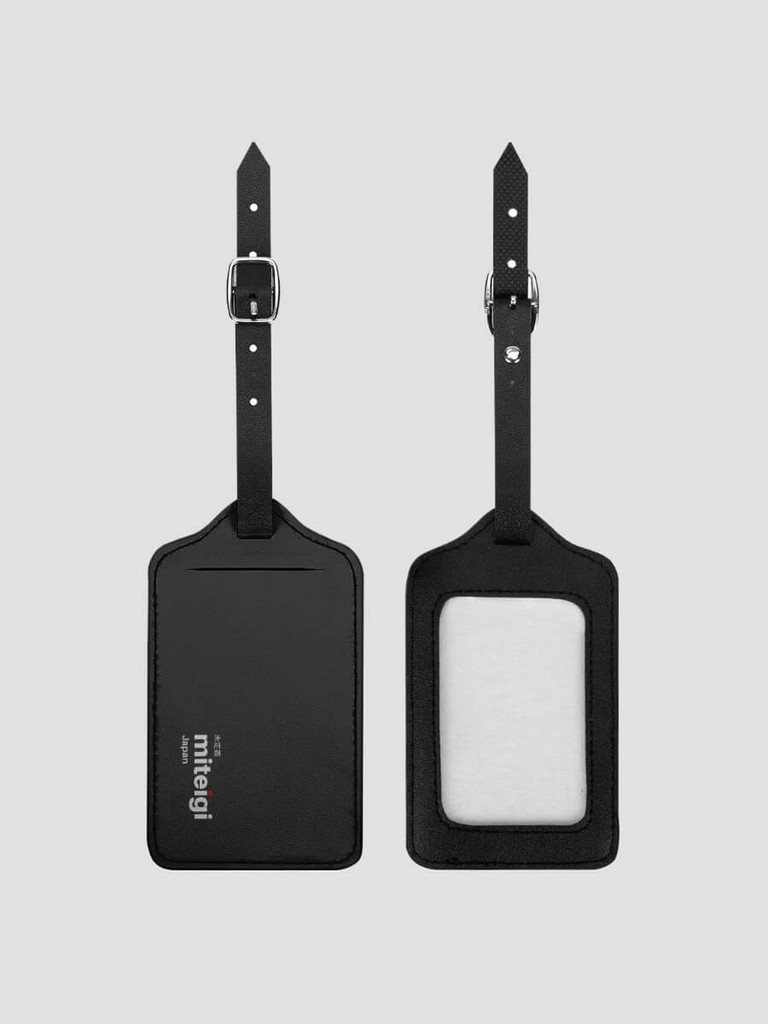 Luggage Tag Vegan Leather miteigi Logo   Office Getaway vacation holiday business buckle and latch close PU baggage identification bags tags in black branded logo