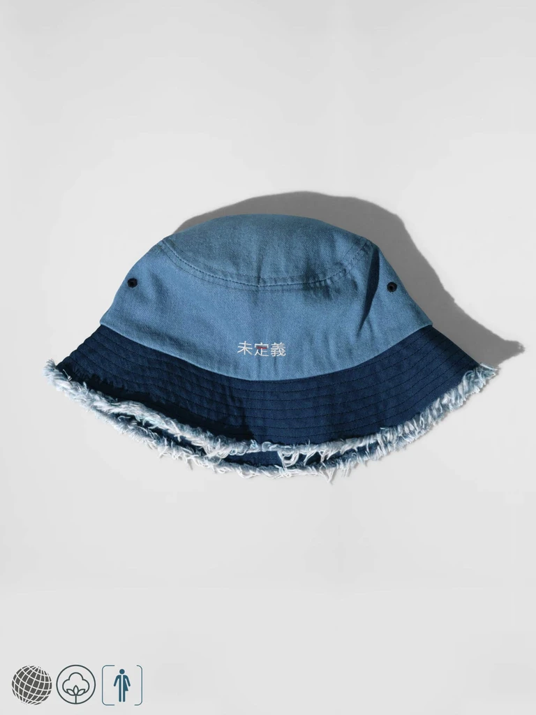 Distressed Denim Bucket Hat miteigi Script Logo   Genderful miteigi Logo Branded product item unisex anywear Women’s Men’s 100% Cotton sunshade foldable hats for man woman in patchwork blue Mens Womens headwear