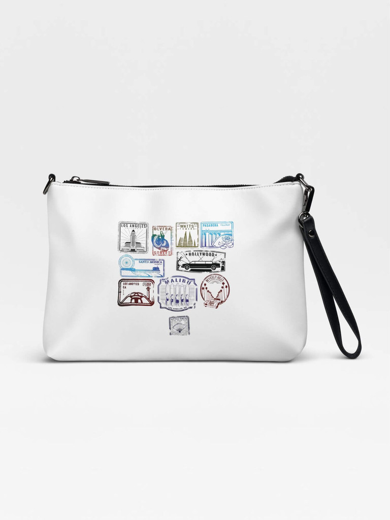 Cali Crossbody Bag    Unisex Men’s Women’s Classic Vintage PU faux vegan leather Belt miteigi Branded Print Chest Bags Hip Hop Streetwear for Man Woman in red white, black multicolor prints Californian USA American cities places  El Pueblo Du Nuestra Sē&ntilde;ora La Reina De Los Angeles De Pocuiumcula , California 213, Santa Monica, Olvera Street, Malibu, Berverley Hills, Hollywood, Little Tokyo, LAX, LA, Watts Towers, Pasedena City of Roses Historical United States Of America with Japanese traditional motif on back