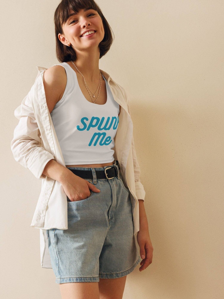 Graphic Crop Top   Women’s sleeveless sexual crewceck Spunk Me crop tops  for woman in white with blue letter print Petite tall plus size tees fitness sports round crew neck t-shirts womens gym yoga sex o-neck sportswear
