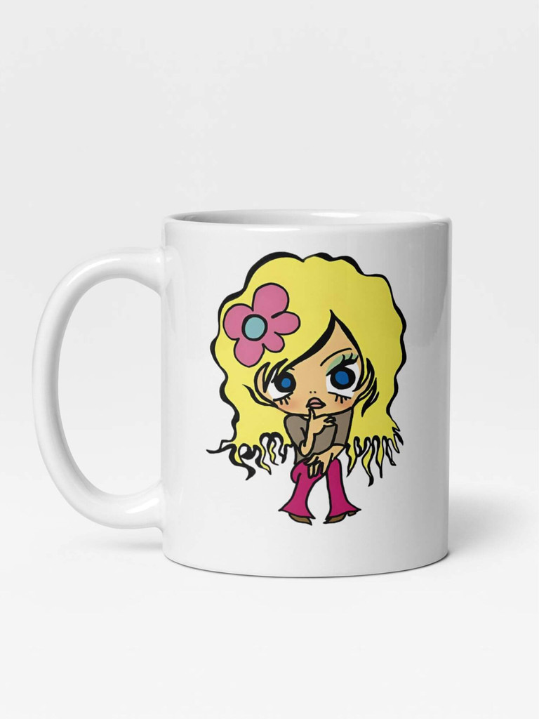 Glossy Hippie Flower Power Girl Mug     Japan Cartoon character drinks cup coffee, tea, juice, milk drinking cups miteigi branded product item tumblers ceramics in white with yellow black multicolor pattern Ceramic Anime Gifts girls chicks gen z generation A Japanese souvenirs mugs