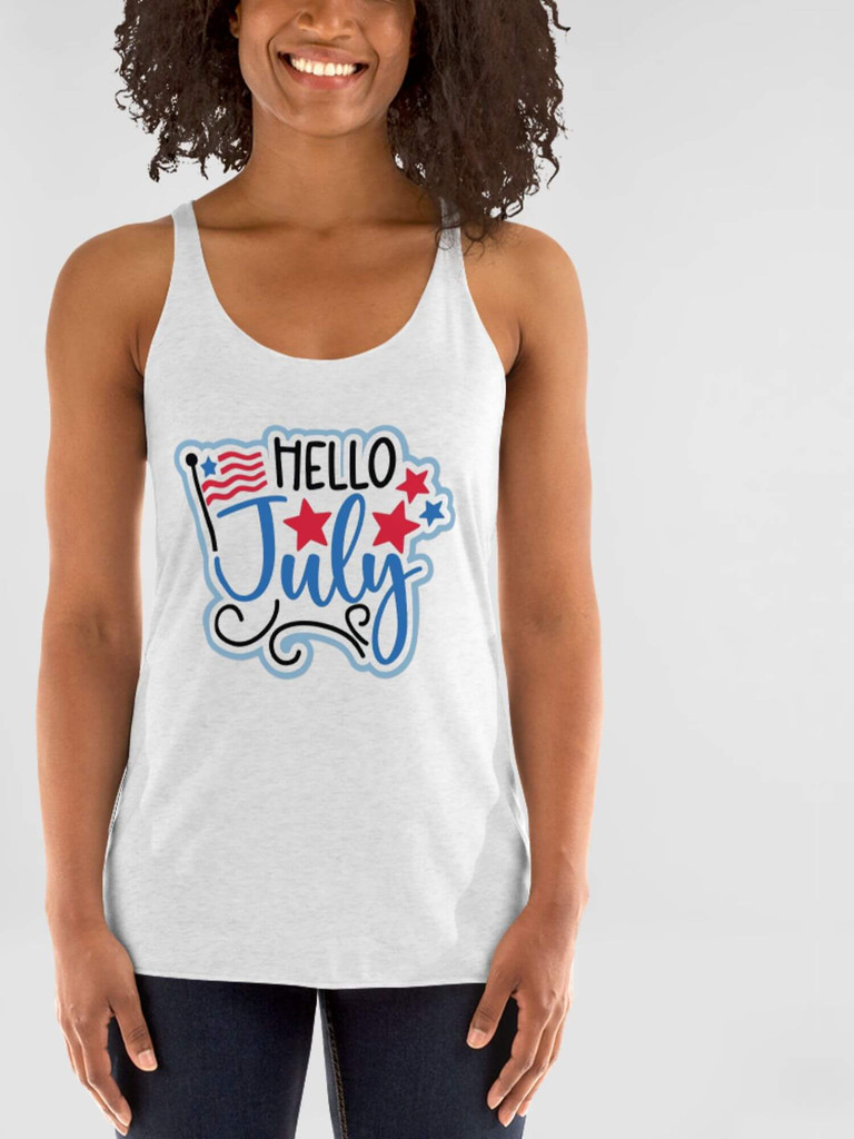 Graphic Racerback Tank Top     Genderful Unisex Anywear Hello July USA low v-neck Men’s Women’s sleeveless scoopneck tops T-shirts for tall plus size man woman in white with multicolor pattern MiteigiYūki fitness gym running sports mens womens low neck tees tops American months of the year in white with blue and red design United States Of America  sportswear