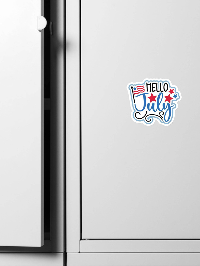 Hello July USA Magnet  American months of the year in white with blue and red design United States Of America anime refrigerator magnets for Kitchen fridge office