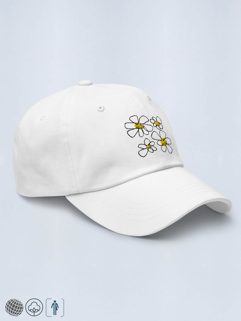 Floral Embroidery Dad Hat   Genderful 100% cotton washed fashionable unisex anywear mens women's everyday wear adjustable strap caps Hats for Man Woman in white with multicolor design men’s womens flowers baseball cap headwear