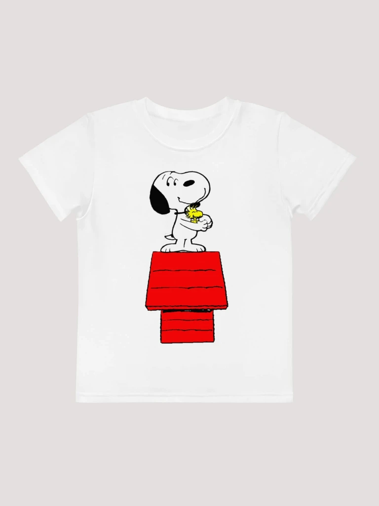Kids Crewneck T-Shirt   Unisex Boys Girls Toddler Baby Snoopy Peanuts Anime characters cartoon design crew neck round o-neck short sleeves Tops for boy girl in white with yellow bird and red dogs wooden hatch house design T-shirts birds animals Tees