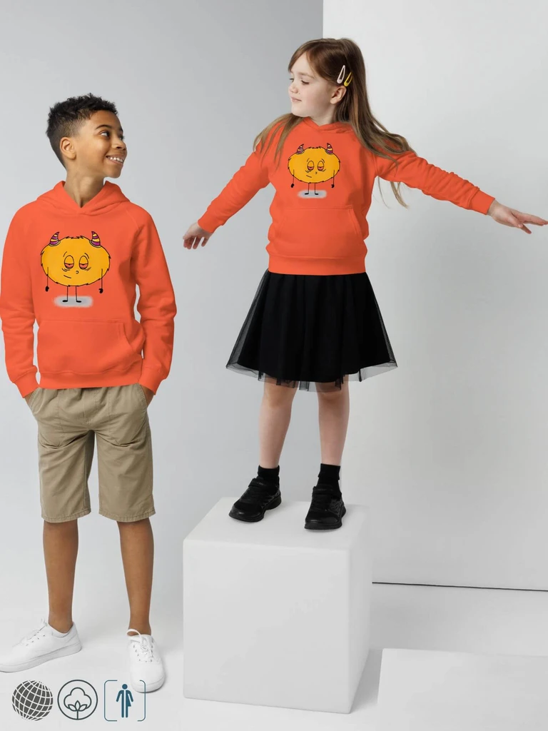 Kids Sad Fear Eco Hoodie    Unisex boys girls long sleeves kangaroo pouch hooded children’s sweatshirts hoodies in burnt orange with multicolor anime cartoon character child’s design