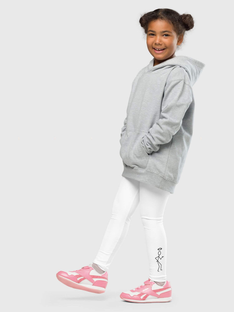 Kids The Saint Leggings miteigi Script Logo  Girls high rise waist full length girl children’s pants in white with black ink character stick cartoon person print logo Childrens Simon Templar Roger Moore Retro vintage classic TV Series fitness gym sportswear