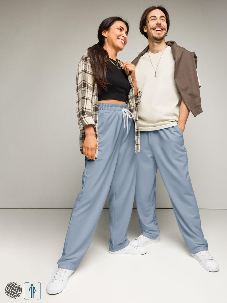 Mid Rise Pull-On Wide-Leg Joggers blue    Genderful Unisex answer Men’s Women’s miteigi Japanese script logo mid rise elasticated waist wide leg flared fitness gym running sport pants for man woman  in dusk blue with platinum red letter design Mens Womens petite-, tall-, plus-, size ’90s fashion sports streetwear