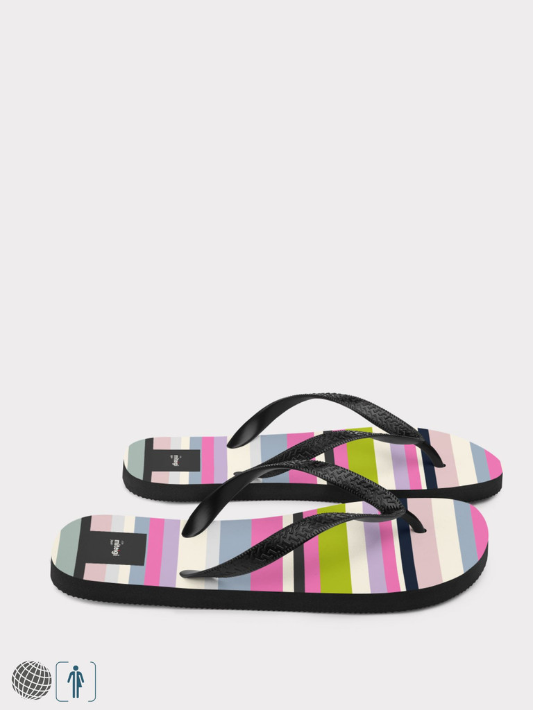 Pastelle Stripe Flip-Flops   Unisex anywear  Men’s Women’s miteigi designed vacation slippers for Man Woman in multi color stripes pattern Holiday getaway mens womens slippers party beachwear footwear