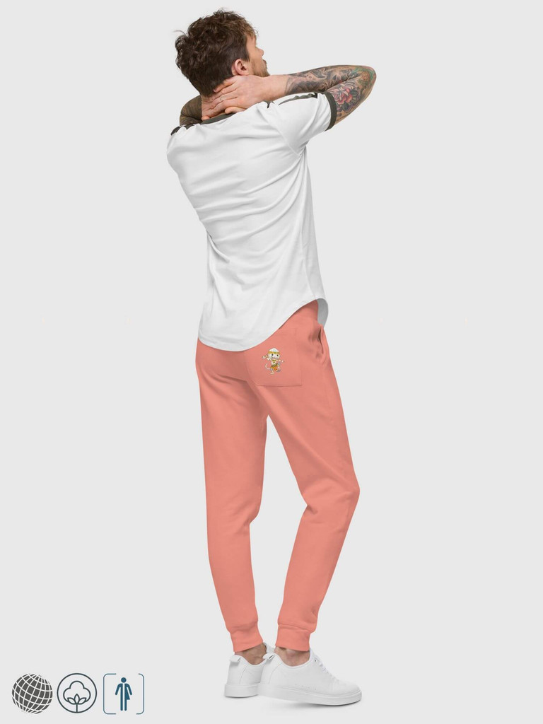 Thai Fleece Sweatpants   Unisex anywear Men’s Women’s everyday use relaxed fit elasticated high rise waist with drawcords, back right side patch pocket with Thai character in traditional dress dancing  and tapered full leg for man woman in Dusk rose pink and Carbon Gray grey Mens Womens activewear running jogging pants Thailand Sportswear Joggers