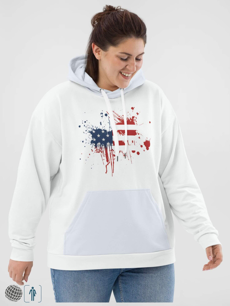 The Patriot Vintage Soft Hoodie USA    Genderful Unisex anywear Men’s Women’s American long sleeves kanga kangaroo pouch pocket hooded neckline with drawcords fitness gym Sweatshirt for man woman in white with light blue pocket and hood and red blue graphical map of the United States of America design Mens Womens everyday use petite-  tall-, plus-, size activewear USA sportswear sweatshirts hoodies