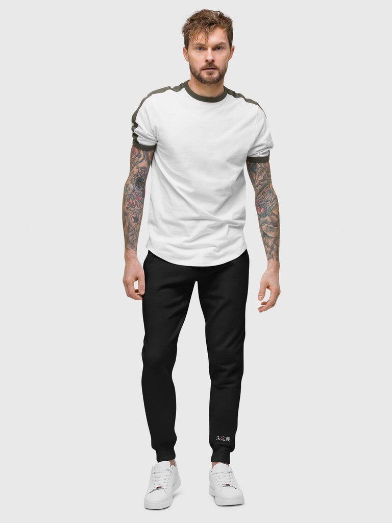 miteigi Fleece Sweatpants Script Logo   Unisex anywear Men’s Women’s everyday use relaxed fit elasticated high rise waist with drawcords, back right side patch pocket with Japanese letter logo and tapered full leg for man woman in black Mens Womens activewear running jogging pants MiteigiYūki Sportswear Joggers