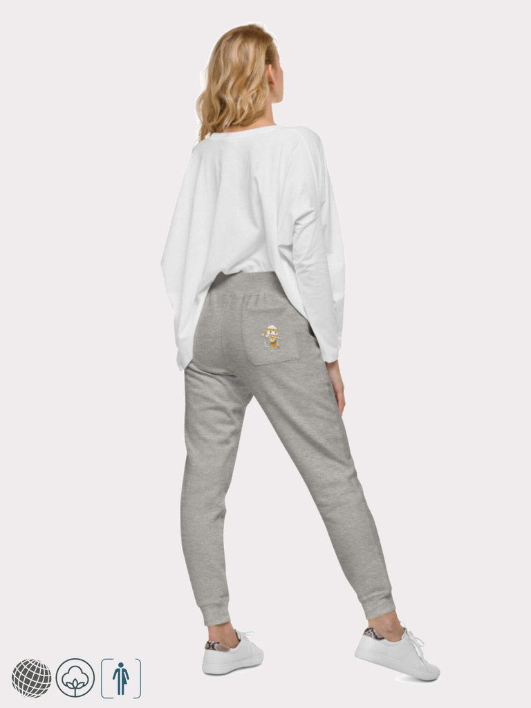 Thai Fleece Sweatpants grey   Genderful Unisex anywear Women’s everyday use relaxed fit elasticated high rise waist with drawcords, back right side patch pocket with Thai character in traditional dress dancing  and tapered full leg for woman in Carbon gray Womens activewear running jogging pants Thailand Sportswear Joggers