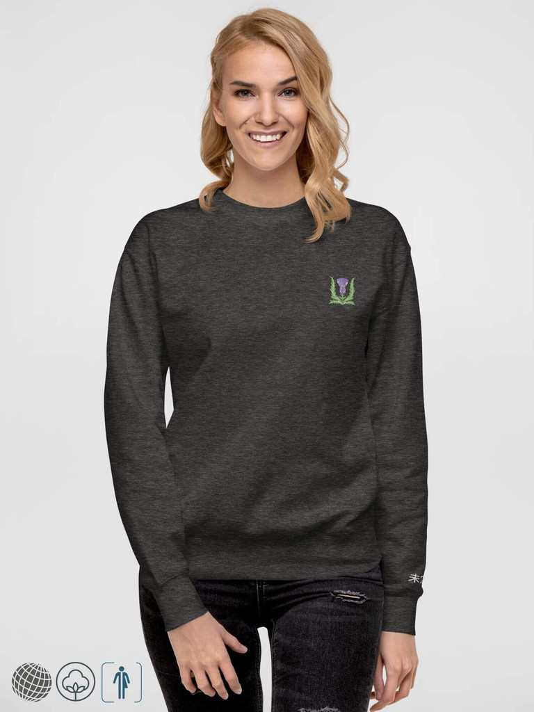 Embroidered Heritage Sweatshirt Genderful Women’s Men’s crewneck long sleeves thistle floral embroidery Scottish Thistle logo with miteigi Japanese Script on left wrist sweatshirts for woman man in Charcoal heather gray with purple green design sweatshirts Unisex anywear round o-neck crew neck Petite-, tall-, plus-, size traditional grey womens mens Scotland flowers tops